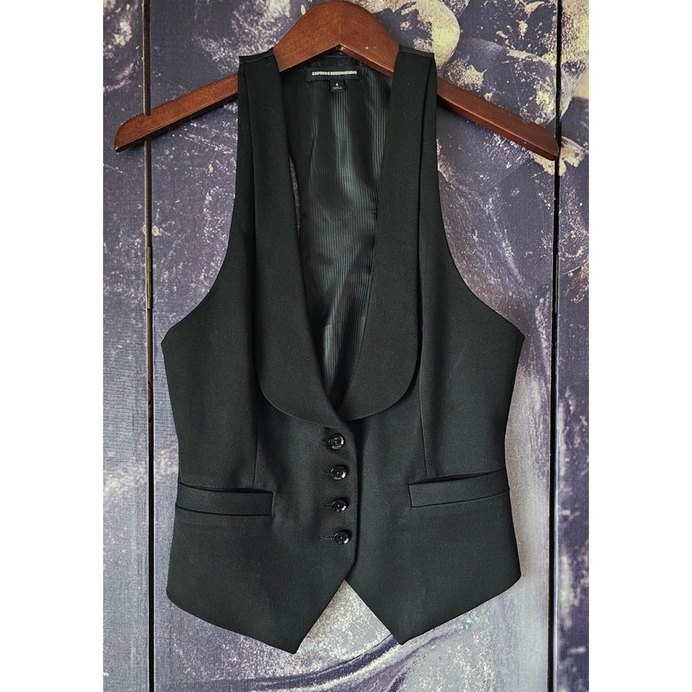 Express Design Studio Black Tuxedo Vest Shawl Lapel Cinch Back Size 4
